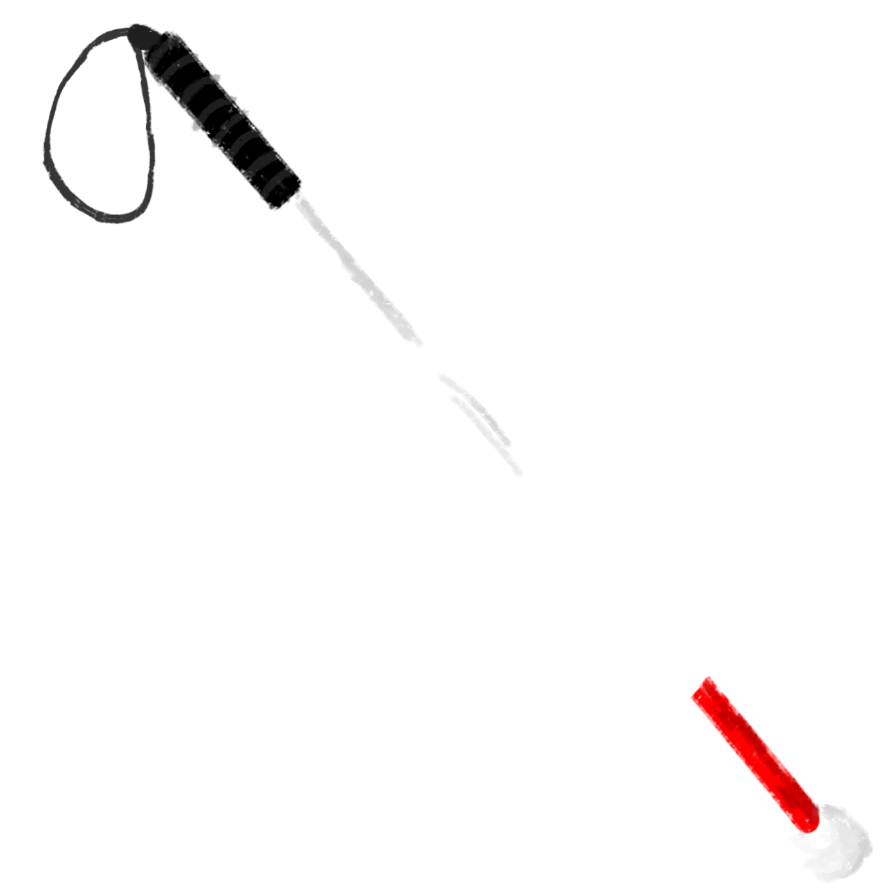 a crayon styled drawing of a white cane, the design includes a black grip, a white shaft, and a red tip with a rounded ball shaped end.